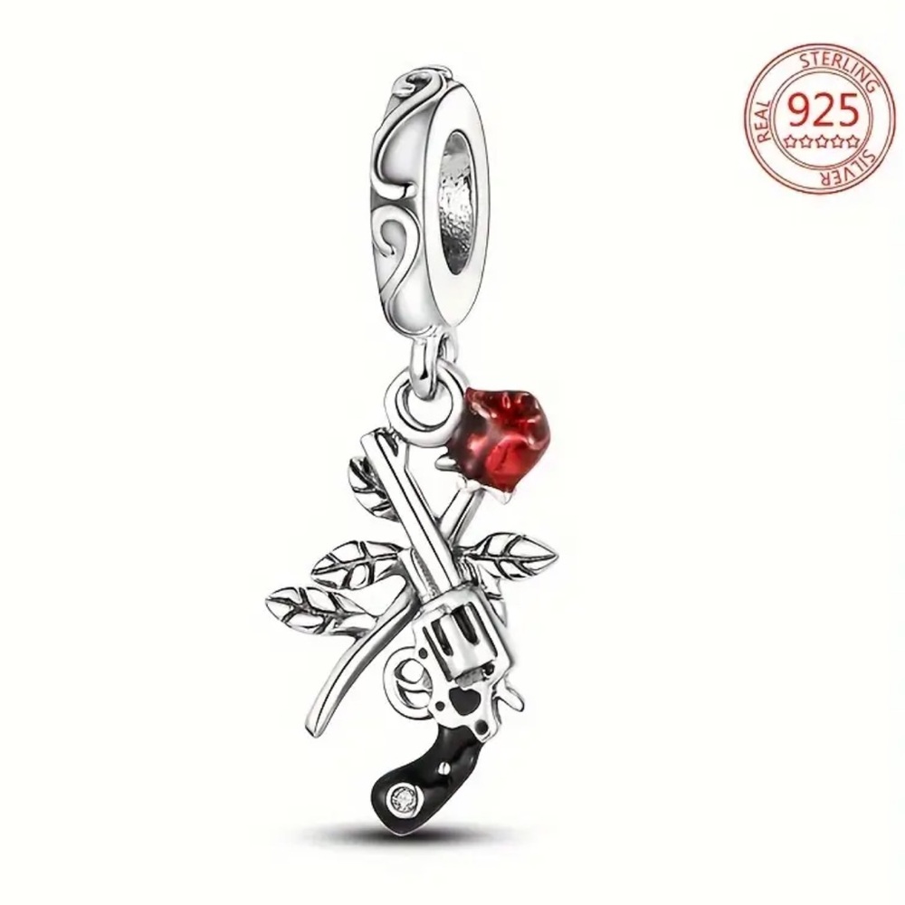925 Sterling Silver and Red Charm with Gun and Rose Design